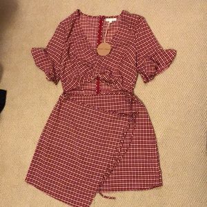 Hong Punch gingham dress, open midriff, tie skirt